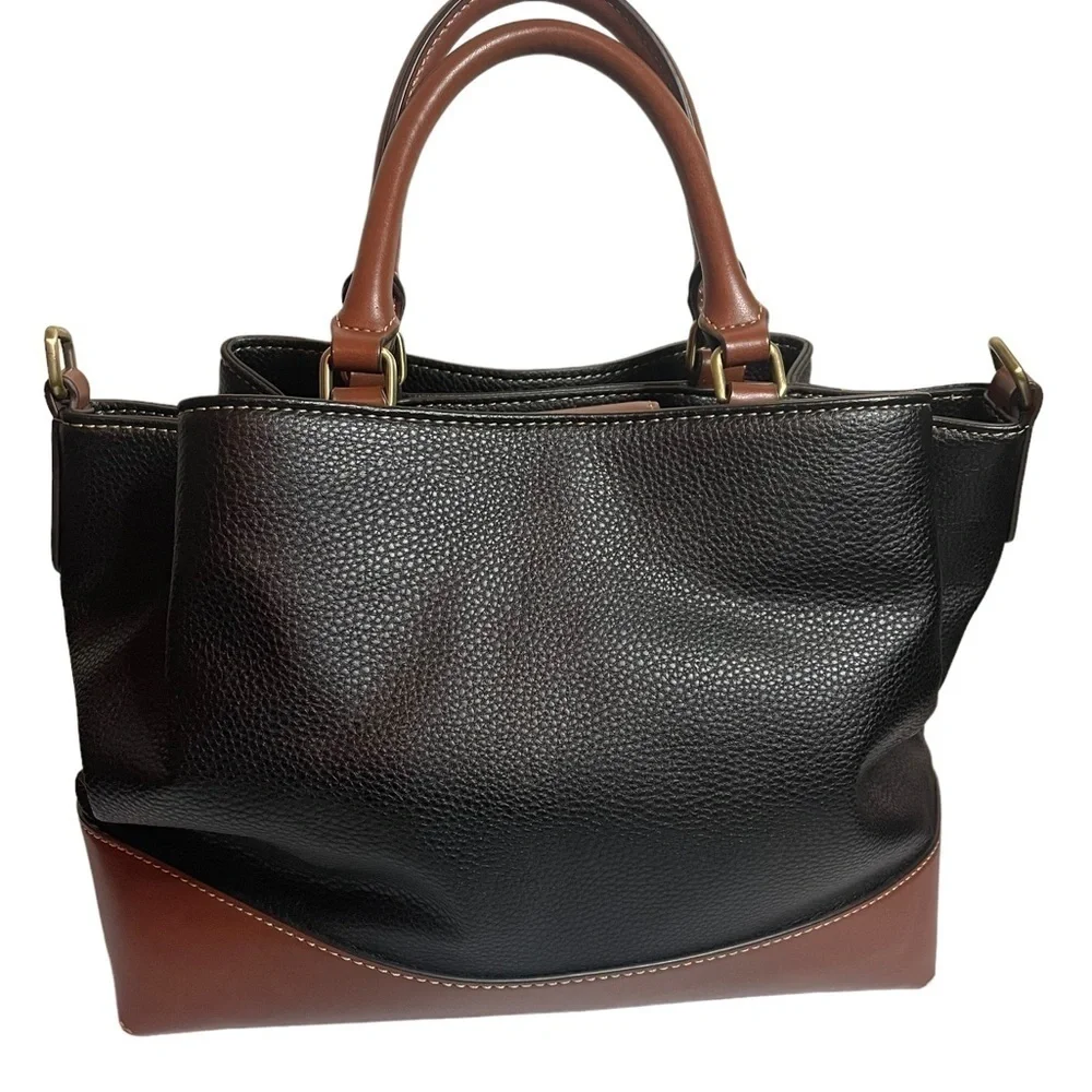 St. Johns Bay Brenna Black and British Tan Pebble women’s Satchel purse bag